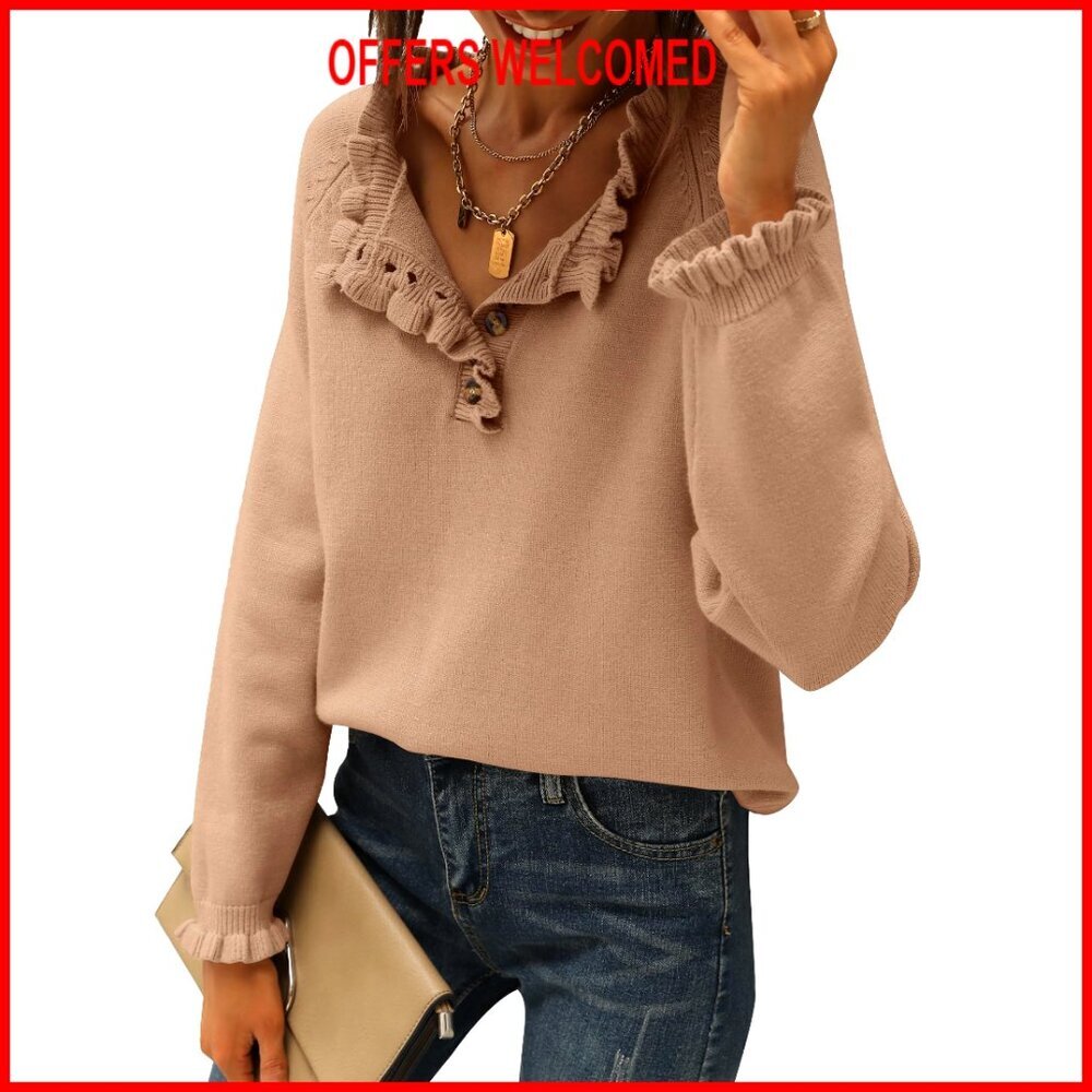 Long Sleeve Button Down Ruffle Crew Neck Knitted Pullover Sweater